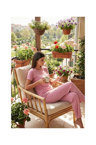 Lela Regular Fit Bisiklet Yaka Kısa Kollu Bayan Pijama Takımı 65750107 Pudra