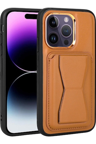 Apple Uyumlu iPhone 14 Pro Max Kartlıklı Standlı Pu Deri Memo Kılıf kahve Açık Kahve