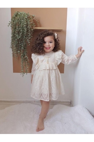 Bilge Trend Kız Bebek Çocuk, Robadan Fırfırlı Ekru Dantel Elbise, Doğum Günü, Ekru