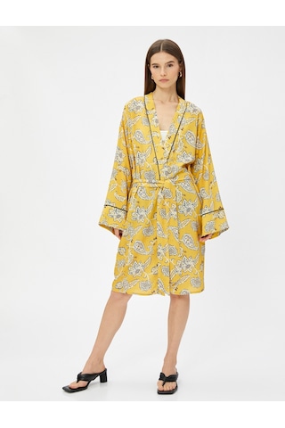 Koton Kimono Midi Boy Kuşaklı Viskon Hardal Desenli 3sak50008cw 3SAK50008CW1D9 Hardal