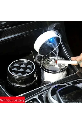 Kristal Pırlanta Taş Görünümlü Mavi Led Işıklı Lüx Oto Küllük Kapaklı Araç İçi Küllük Beyaz