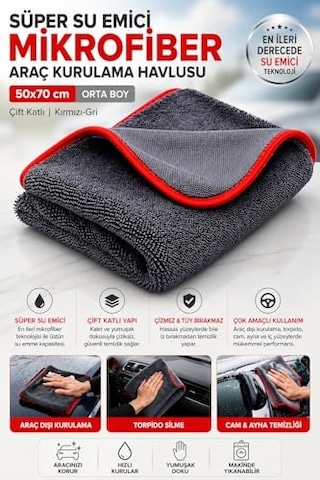Tr Süper Su Emici Özellikli Mikrofiber Araç Kurulama Havlusu 50x70 Cm, Orta Boy Çift Katlı Araç Kurutma Ve Torpido Diğer