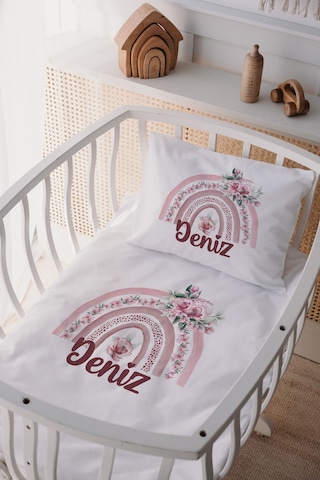 %100 Pamuk Saten Isme Özel Isimli Anne Yanı Beşik Nevresim Takımı Gökkuşağı 1