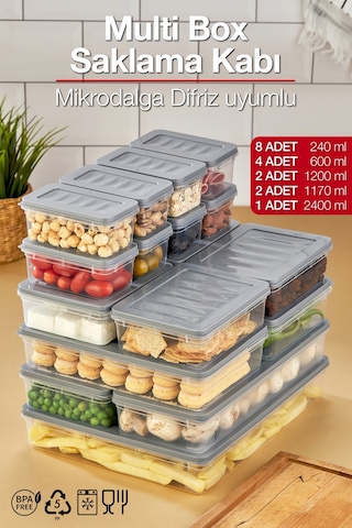 Multi Box 17 Parça 5 Farklı Boy Saklama Kabı Seti - Dondurucu & Mikrodalga Uyumlu Gri