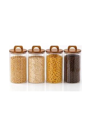 2450 Ml Zahire Kavanozu 4'lü Set, Ahşap Kapaklı Kulplu Cam Erzak Saklama Kabı, Bakliyat Makarna Kahve Kuruyemiş Saklama Kavanozu, Ribbed Cam Mutfak Düzenleyici Kavanoz Seti Çok Renkli