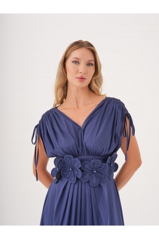 Kadın Bel Detaylı Kısa Kollu Elbise Çiçek Aplikeli, Büzgü Ve Bağcık Detaylı, %100 Pamuk Lacivert