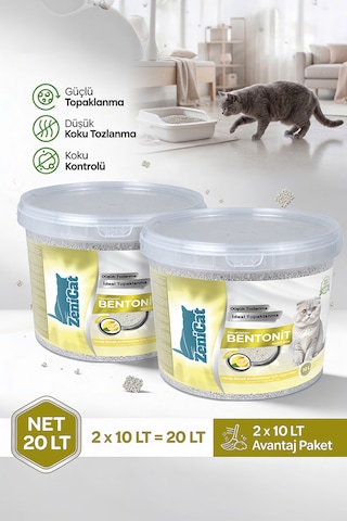 Limon Kokulu Bentonit Kedi Kumu 2x10 Lt İnce Taneli Güçlü Topaklanan Tozsuz Kovalı