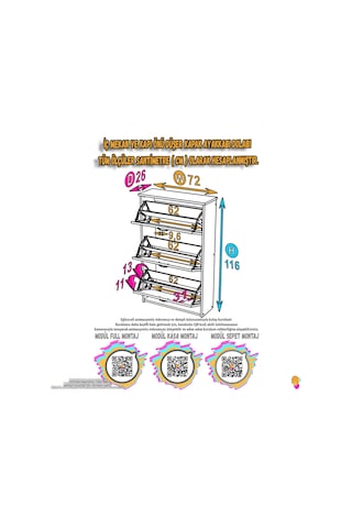 Modilayn West Asma Kapı Önü 72x116x26 Cm Lik 3 Düşer Kapak 6 Göz Bölmeli Ayakkabılık Beyaz