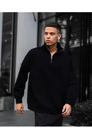 Barlashive Erkek Yarım Fermuarlı Üç İplik Sweatshirt - Siyah Çok Renkli