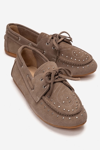 Luvishoes Cuesta Vizon Süet Hakiki Deri Troklu Bağcıklı Kadın Loafer Ayakkabı