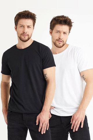 Erkek Siyah Beyaz 2'li Paket Regular Bisiklet Yaka T-shirt Siyah - Beyaz