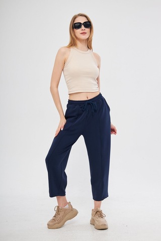 Haki Ultra Yumuşak, Dikiş Detaylı Havuç Kesim Bağcıklı Lastikli Bilek Boy Kadın Modal Pantolon Lacivert