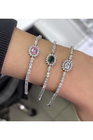 Silver Point Oval Taşlı Su Yolu Bileklik Gümüş