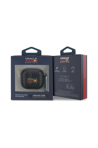 Airpods Uyumlu 4 Kılıf Redbull Lisanslı Pu Karbon Fiber Tasarımlı Askı Aparatlı Kapak Siyah