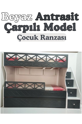 Beyaz Antrasit Çarpılı Model Çocuk Ranzası