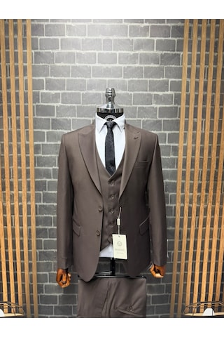 Dupont Classics Erkek Slim Fit 6 Drop Sivri Yaka Yelekli Poliviskon Çift Yırtmaç Takım Elbise Kahverengi