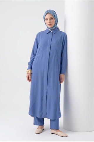 Armine Trend Gizli Patlı Düğmeli Uzun Tunik Pantolonlu İkili Takım İndigo 26yt6137