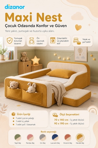 Dizanor Maxi Nest Montessori Çocuk Karyola Yatak Seti Sarı Fitilli 140 X 200