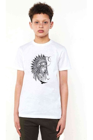 Tshirthane Kızılderili Kız Kuş Baskılı Unisex Çocuk Beyaz T-Shirt