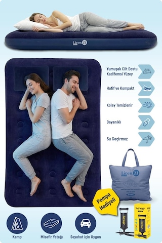 Livenzi Nature Çift Kişilik Şişme Yatak Yastık + Manuel Şişirme Pompası 191 137 22 Cm Lacivert