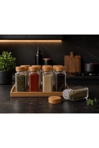 Bambu Kapaklı Cam Baharatlık Seti 12 Adet, Şeffaf Kare Baharat Kavanozu, Plastik Delikli İç Kapaklı Kontrollü Döküm Sistemi, 11x4x4 Cm Mutfak Düzenleyici Baharat Saklama Kabı Seti