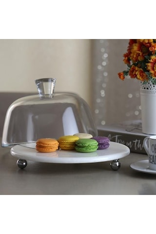 Akayev Mermer Beyaz 25 Cm Gümüş Boncuk Ayak Cam Fanus