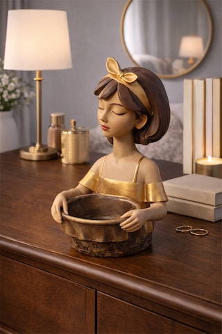El Yapımı Seramik Kız Figürlü Kase Golden Blush Bow Çok renkli