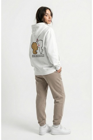 Nevermind Unisex Oversize Ayıcık Baskılı Çift Hoodie Beyaz