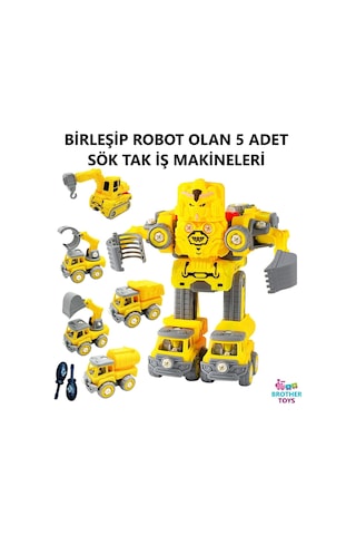 Sök Tak Birleşip Robot Olan 5 Adet Kırılmaz İş Makinesi Söktak Oyuncak