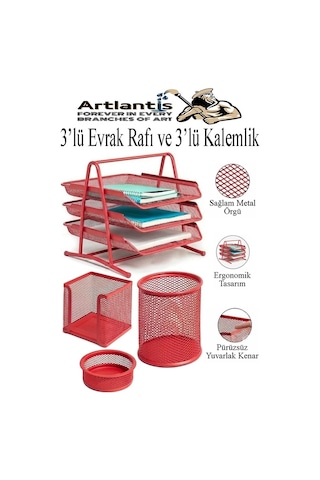 Kırmızı Metal Evrak Rafı 3 Lü Ve Masaüstü Kalemlik 3 Lü 1 Paket Masaüstü A4 Dosya 3 Katlı Düzenleyici Kağıt Tepsisi
