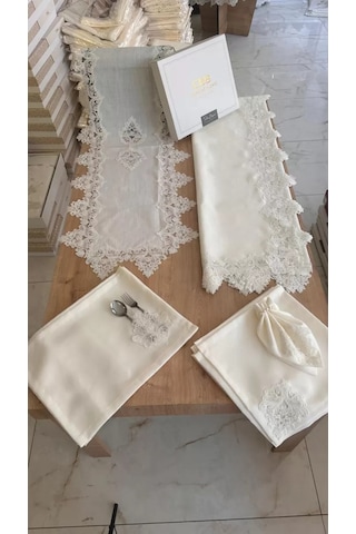 Sofra Takımı Mimoza Gardenya Keten Yemek Takımı 160x220 Masa Seti 26 Parça Runner Set Krem