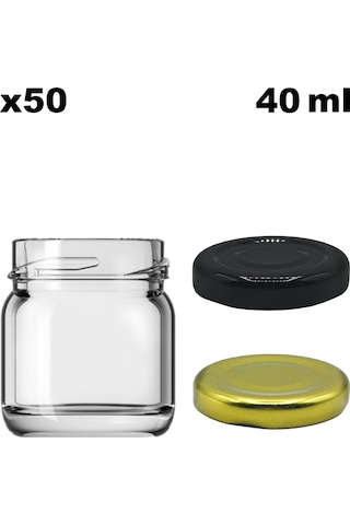 Afracam 40 Ml Metal Kapaklı Şeffaf Cam Kavanoz 50 Adet Siyah