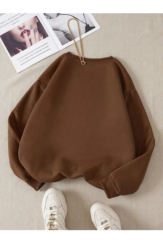 Baskısız Düz Sweatshirt - Kahverengi Kalın Kışlık Şardonlu Uzun Kol Oversize Bisiklet Yaka Kahverengi
