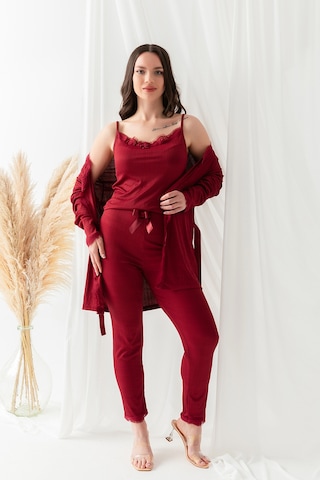 Sabahlıklı Dantel Detaylı Pegasus Kadın Pijama Takımı-çeyizlik Takım- Geniş Beden Aralığı Bordo