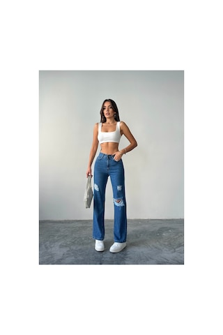 Blue Marlın Kadın Lazer Yırtık İşlemli Boyfriend Kot Bol Paça Pantolon Çok Renkli
