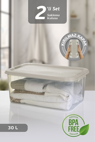 2'li 30l Multibox Saklama Kabı Kilitli Kapaklı Çok Amaçlı Düzenleyici Kiler Depolama Saklama Kutusu Bej