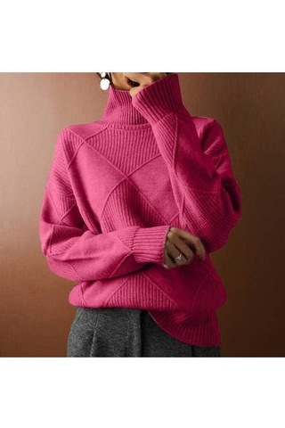 Tongxida Kadın Büyük Beden Yüksek Yaka Mizaçlı Seyahat Örme Moda Kazak Gül Kırmızı Fuşya Fuşya