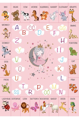 Dijital Baskılı Dekoratif Kaymaz Taban Yıkanabilir Alfabe Temalı Modern Çocuk Halısı Pembe