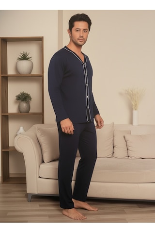 Erkek Önden Düğmeli Uzun Kollu Pijama Takım Lacivert