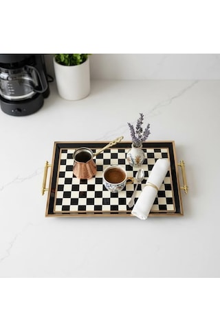 Kahve Tepsisi Modern Dekoratif Sunum Tepsisi Siyah Beyaz Ahşap Dama Desenli - 45x28 Cm Ahşap - Siyah