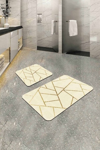Krem Geometrik Desen Banyo Halısı Klozet Paspas Seti Bs337n11