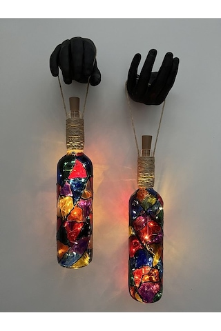 Siyah Renkli Erkek Eli Heykeli Ve Tıpa Peri Led Işıklı Vitray Cam Çok Renkli