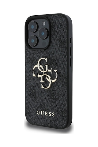 Apple iPhone 16 Pro Uyumlu Kılıf Guess  Lisanslı Pu Deri 4g Desen Metal Büyük 4g Ve Yazı Logo Siyah