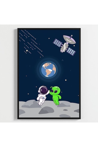 Besay Kozmik Dostluk Modern Çocuk Odası Duvar Dekorasyonu Ufo Ve Gezegen İllüstrasyonlu Komik Tablo Seti 3'lü Set A2 Çerç
