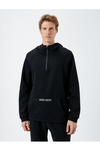 Koton Kapüşonlu Yarım Fermuarlı Spor Sweatshirt Kanguru Cepli Siyah 4wam70004nk Siyah