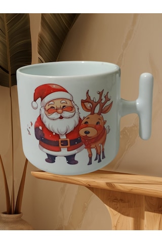 Geyikli Noel Baba Çift Taraf Yazılı Kupa Bardak Beyaz T