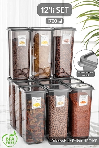 Meleni Home 12'li Jumbo Boy Elisa Etiketli Kapaklı Kare Erzak Saklama Kabı Antrasit 12 X 1.70 Lt Bakliyat Kabı