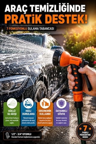 7 Fonksiyonlu Bahçe Sulama Tabancası Ayarlanabilir Su Püskürtme Başlığı Ergonomik Tutuşlu