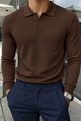 Genius Store Erkek Polo Yaka Kazak Fitilli Anti Pilling Tüylenme Yapmaz Regular Fit Erkek Triko Kazak Pyaka-kzk Kahverengi