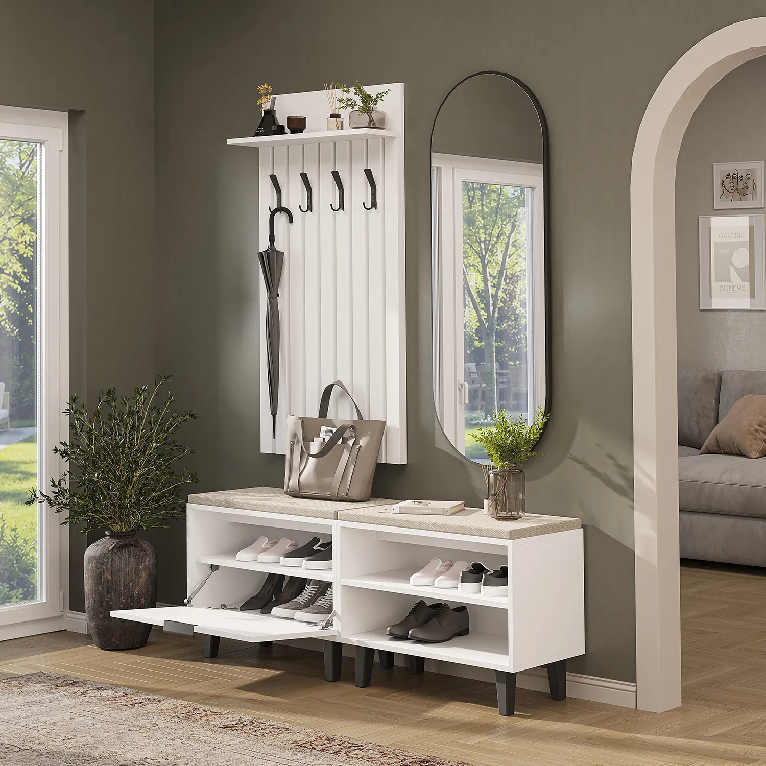 Nord Vestiyer Takımı Kapaklı Ve Kapaksız Bench,lambri Askılıklı, Modüler, Oval Aynalı Portmanto Takımı Beyaz